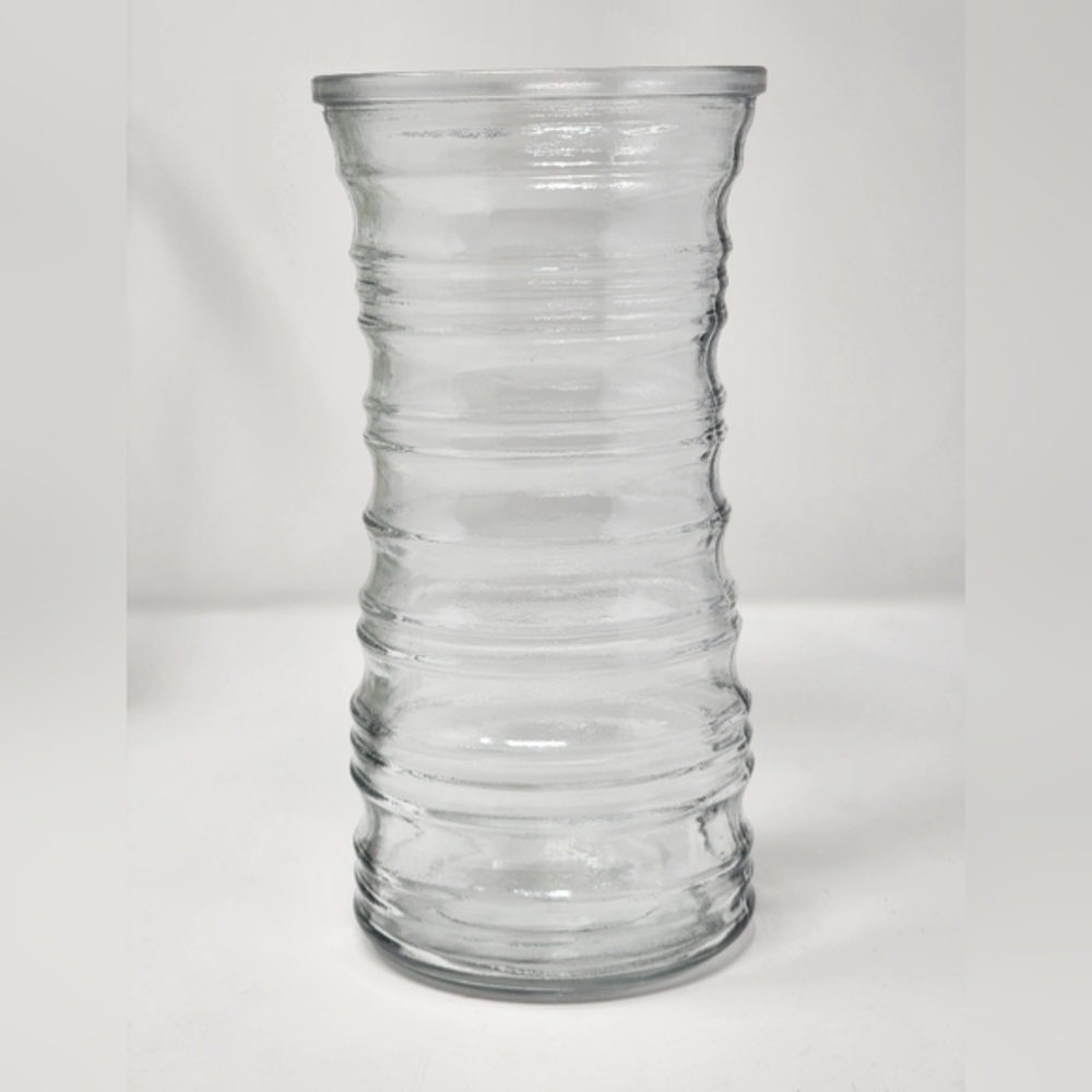 Vintage Tall Clear Glass Vase With Finger Holds Tapered Waist Concentric Circles